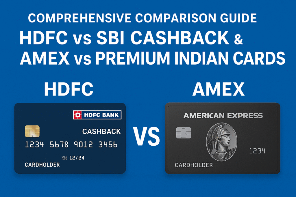 Digital graphic comparing HDFC cashback credit card and American Express premium card with a "VS" symbol on a blue background.