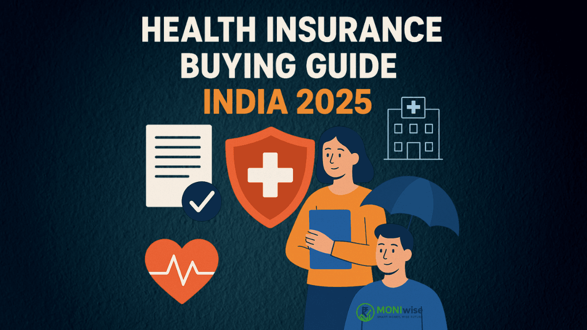 Illustration of an Indian family with healthcare and financial protection icons representing health insurance in India 2025