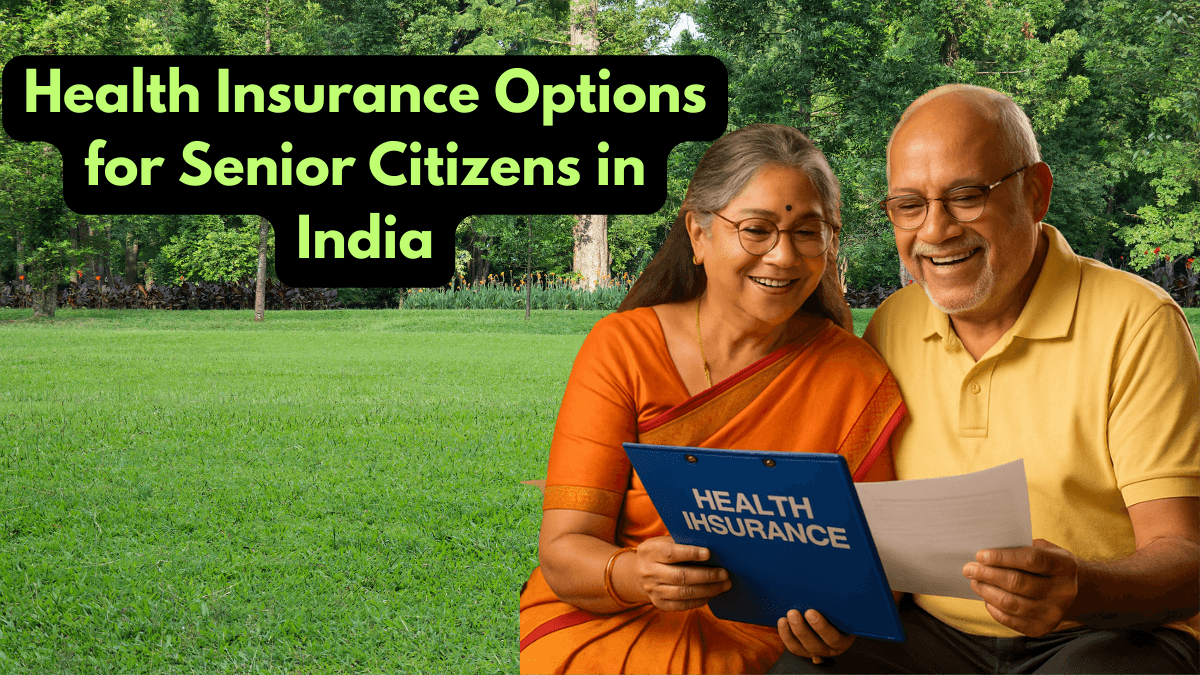 Smiling Indian senior citizens reviewing health insurance documents at home with family, illustrating financial planning.