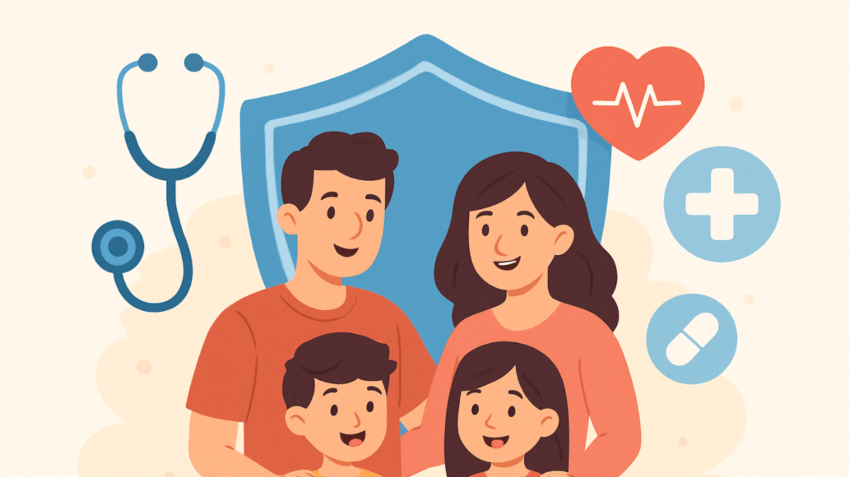 Illustration of a happy family with a protective shield and medical icons symbolizing family health insurance coverage