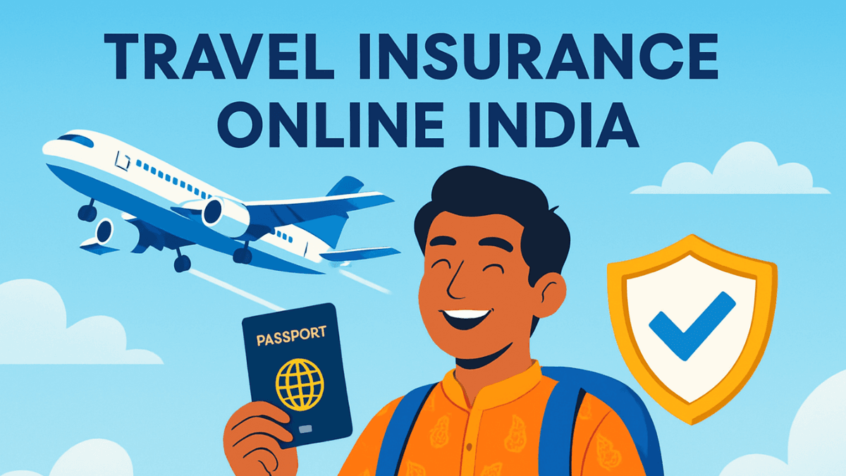 Happy traveler with passport, airplane, and shield representing travel insurance online in India