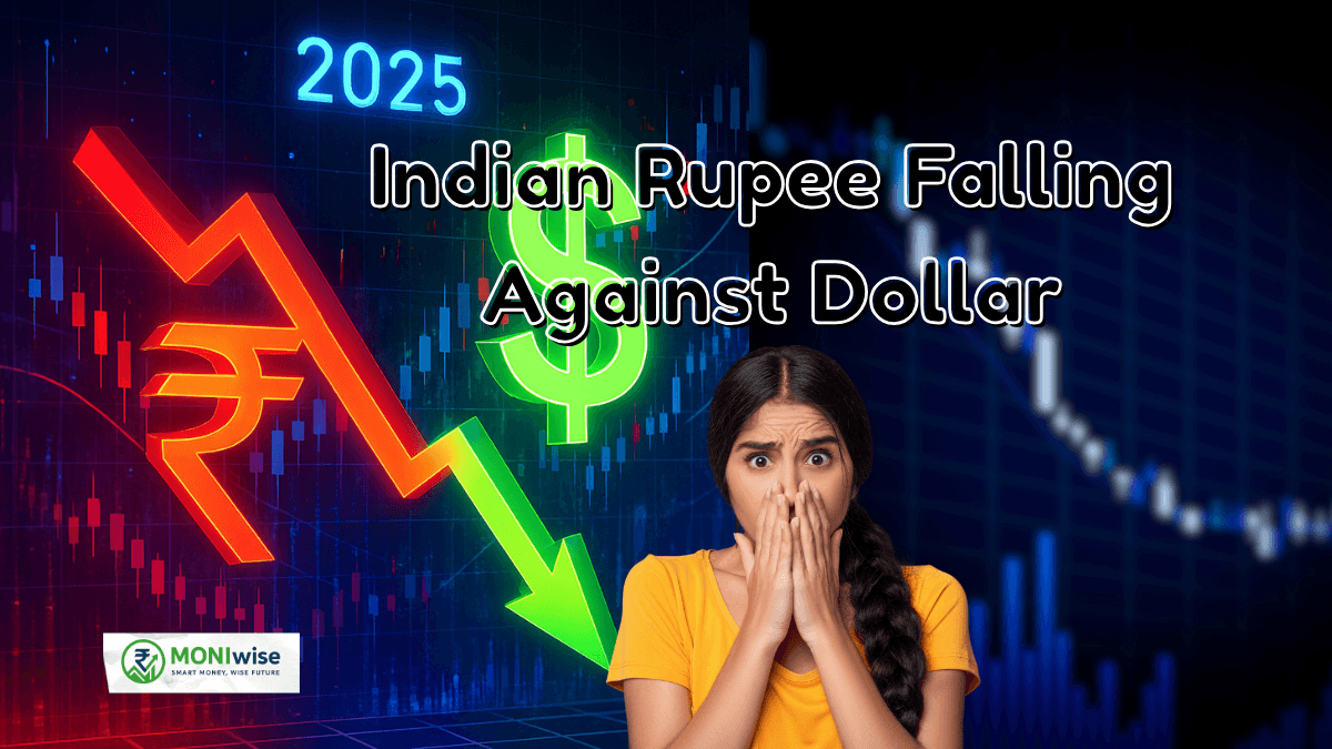 Graph showing Indian Rupee symbol falling against US Dollar in 2025 with shocked investor expression.