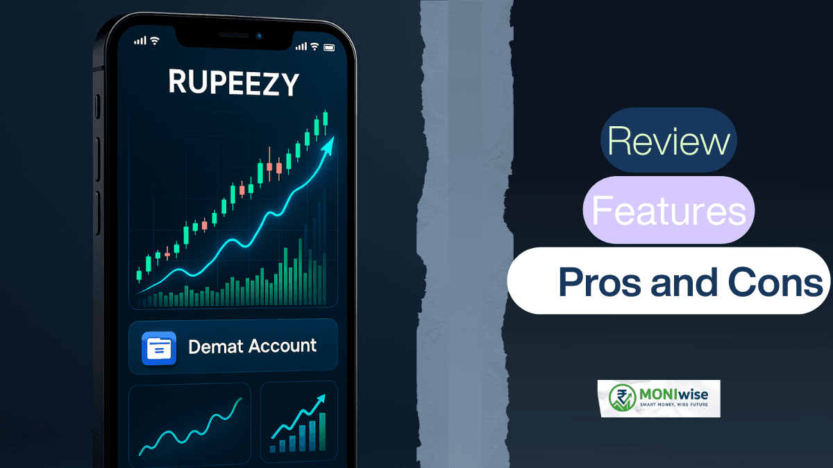 Smartphone displaying Rupeezy trading app interface with real-time charts and demat account icons