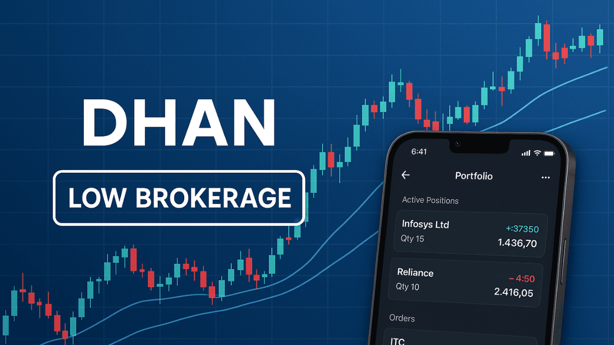 Promotional banner to open a Dhan Trading Account with bold text, trading chart on tablet, and CTA button