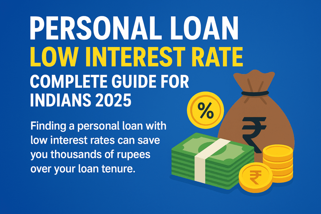 Personal loan low interest rate guide 2025 India with money bag, rupee coins, and percentage icon