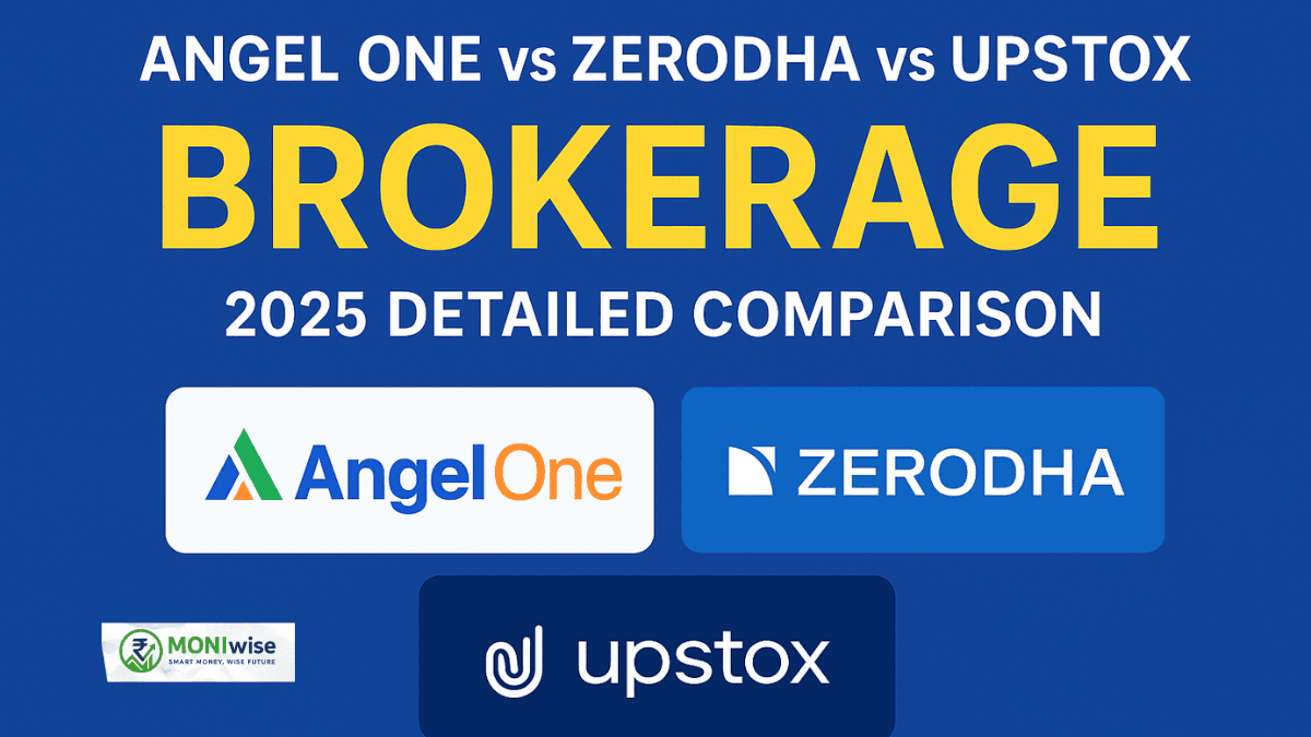 Angel One vs Zerodha vs Upstox brokerage comparison 2025 with logos of all three stock brokers