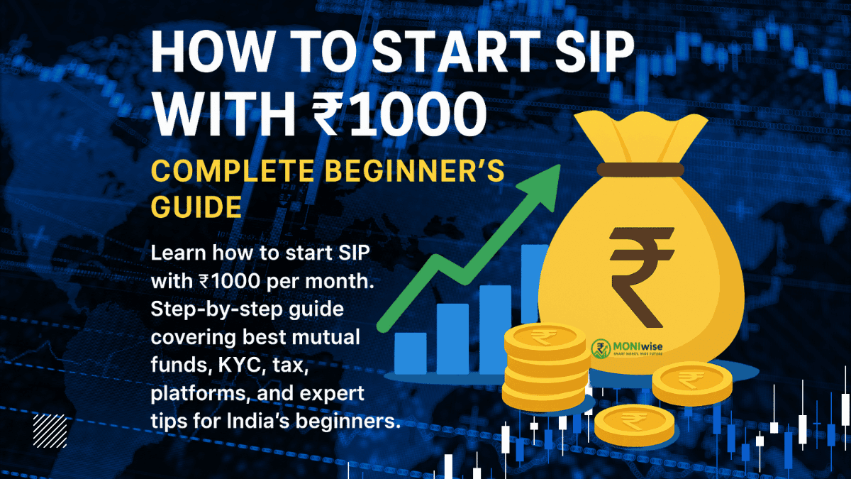 Infographic showing money bag, coins, and growth chart with text "How to Start SIP with ₹1000 - Complete Beginner's Guide"