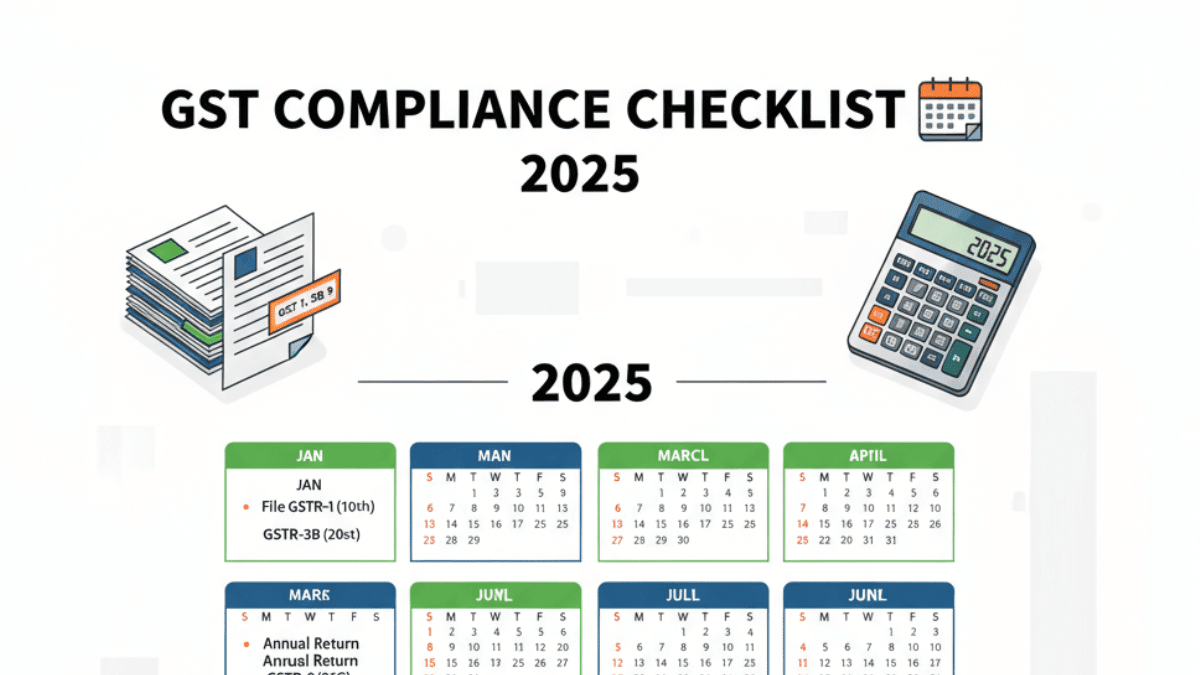 Ultimate GST compliance checklist 2025 calendar showing monthly deadlines, tax documents, calculator and smartphone for business tax planning