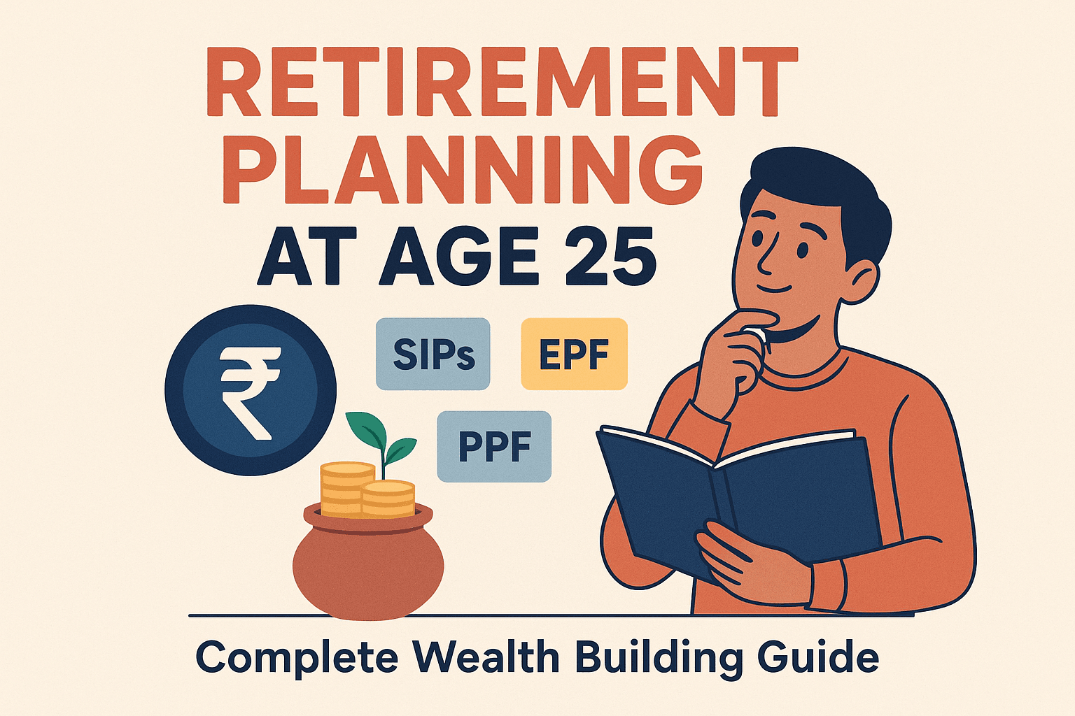 Illustration of a young Indian man planning finances with SIPs, EPF, and PPF icons, symbolizing smart retirement planning at age 25.