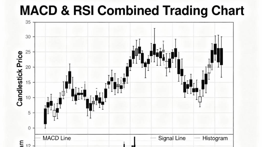 Professional trading chart displaying MACD and RSI indicators with candlesticks for technical analysis and trading signals