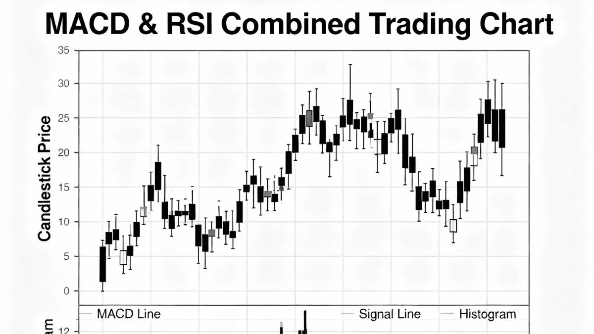 Professional trading chart displaying MACD and RSI indicators with candlesticks for technical analysis and trading signals