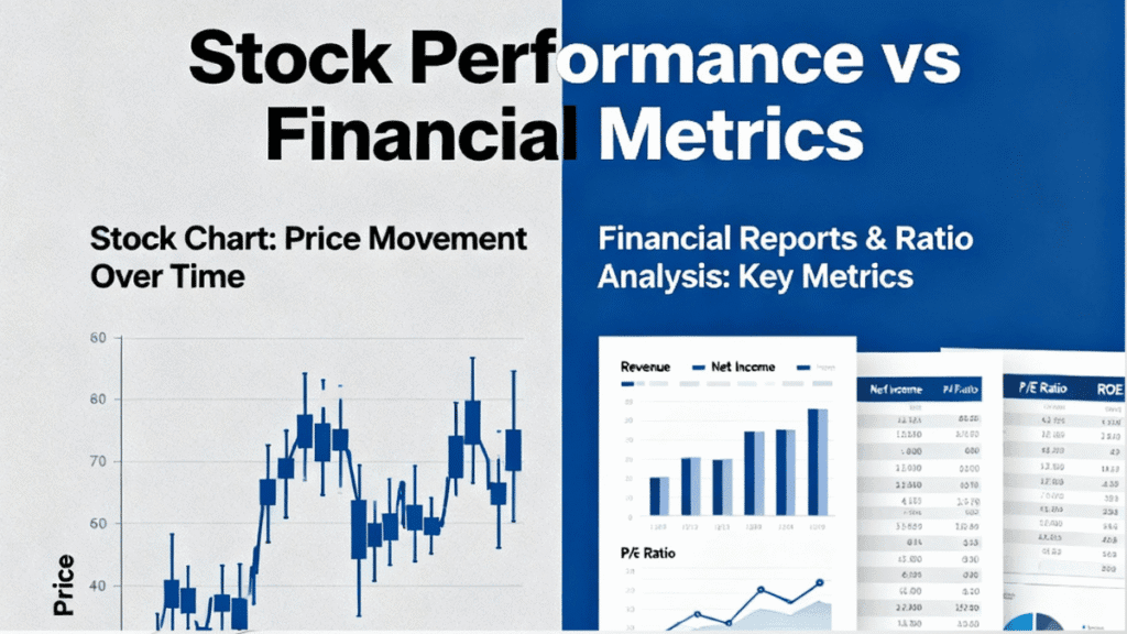 Split-screen showing stock chart vs financial report