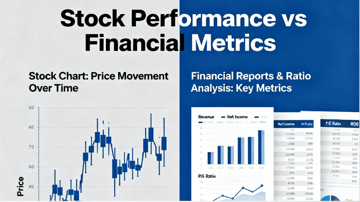Split-screen showing stock chart vs financial report