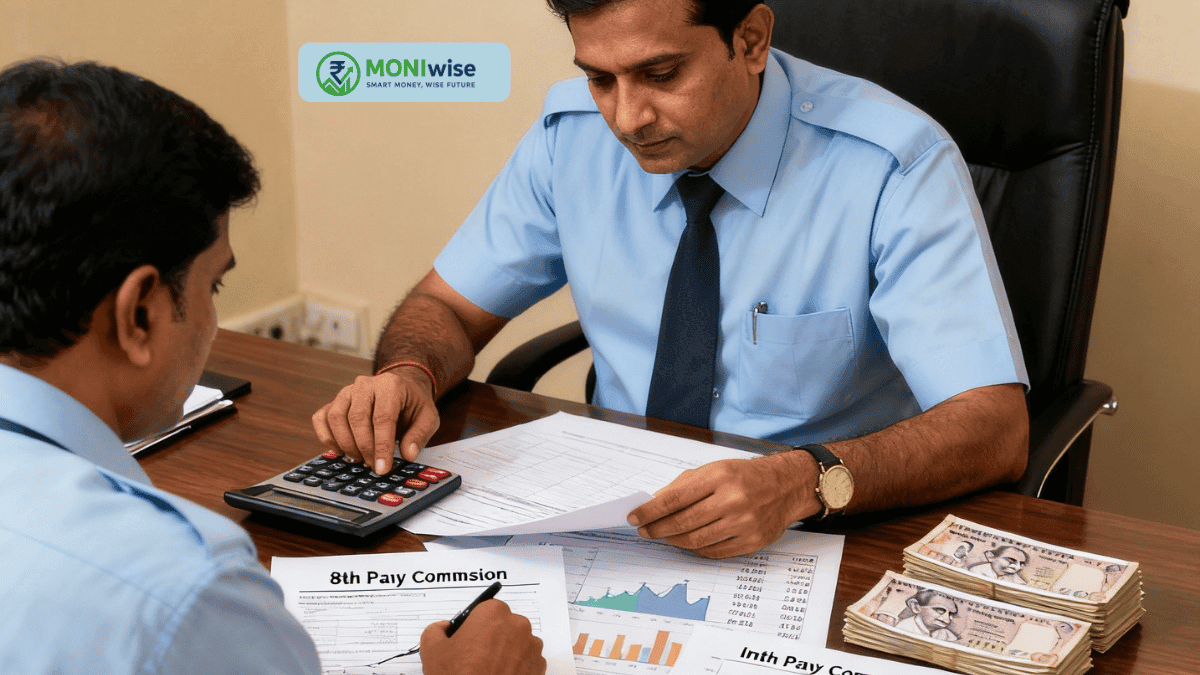 Government employee planning investments with 8th Pay Commission salary hike documents and financial charts