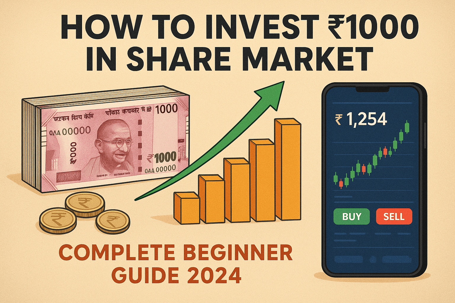 Indian rupee notes and coins with ₹1000 denomination, growth arrow chart, smartphone showing stock market app, representing small investment opportunities in share market