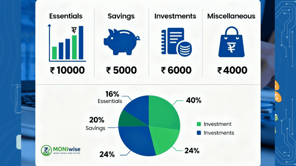 Investment options for 25000 salary infographic showing budget allocation, SIP planning, tax saving strategies, and wealth building tips for Indian professionals