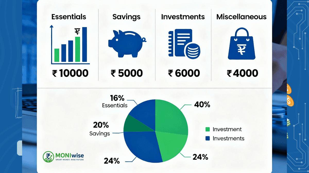 Investment options for 25000 salary infographic showing budget allocation, SIP planning, tax saving strategies, and wealth building tips for Indian professionals