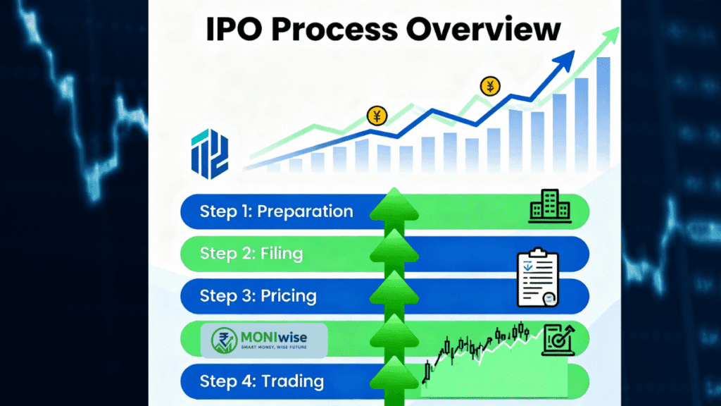 Illustration of IPO process with stock chart and growth arrows