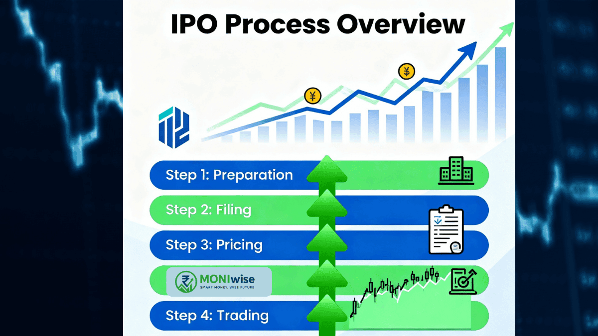 Illustration of IPO process with stock chart and growth arrows