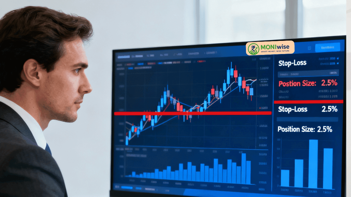Professional trader analyzing risk management strategies on trading dashboard with charts showing position sizing stop-loss and risk-reward ratios for stock market