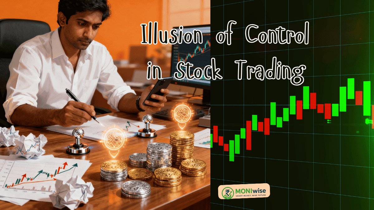 Indian stock trader at desk visualizing control over stock market charts and financial data, symbolizing the illusion of control bias.