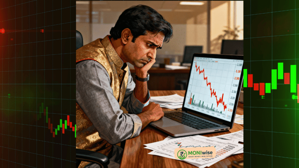 Worried Indian trader looking at a downward trending stock chart, representing trading failure in the stock market.