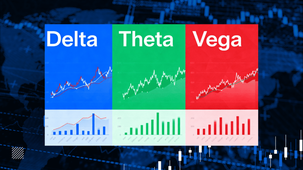 Options trading Greeks visual guide showing delta, theta, and vega metrics with stock market charts and financial data