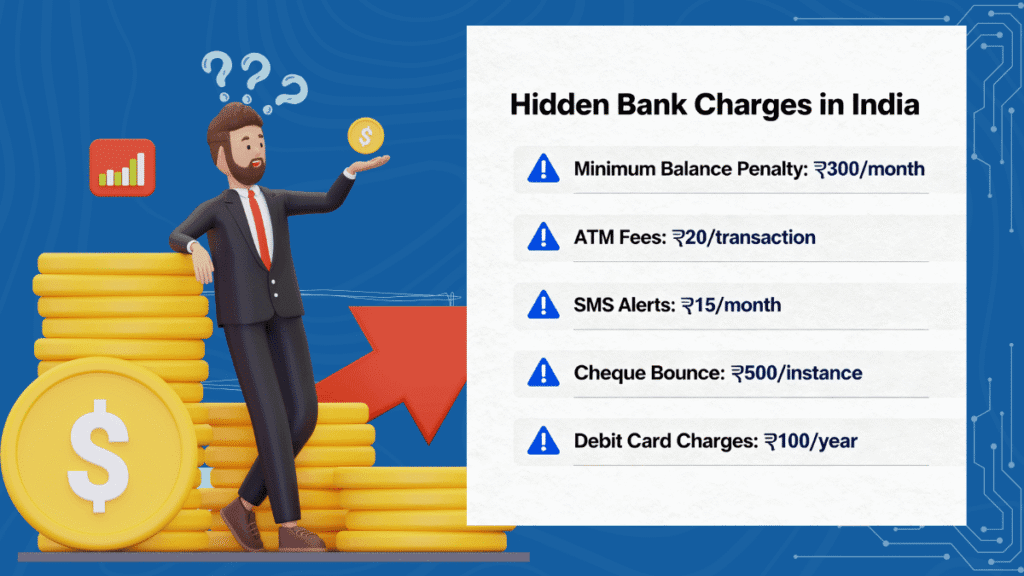 Hidden bank account charges infographic showing minimum balance penalties, ATM withdrawal fees, SMS alert charges, cheque bounce penalties, and debit card annual maintenance charges with rupee amounts