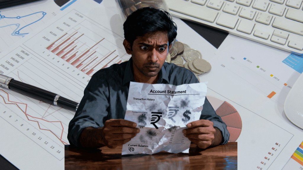 Indian person in financial stress reviewing bank statement with rupee symbols and money disappearing, representing hidden financial charges and money loss