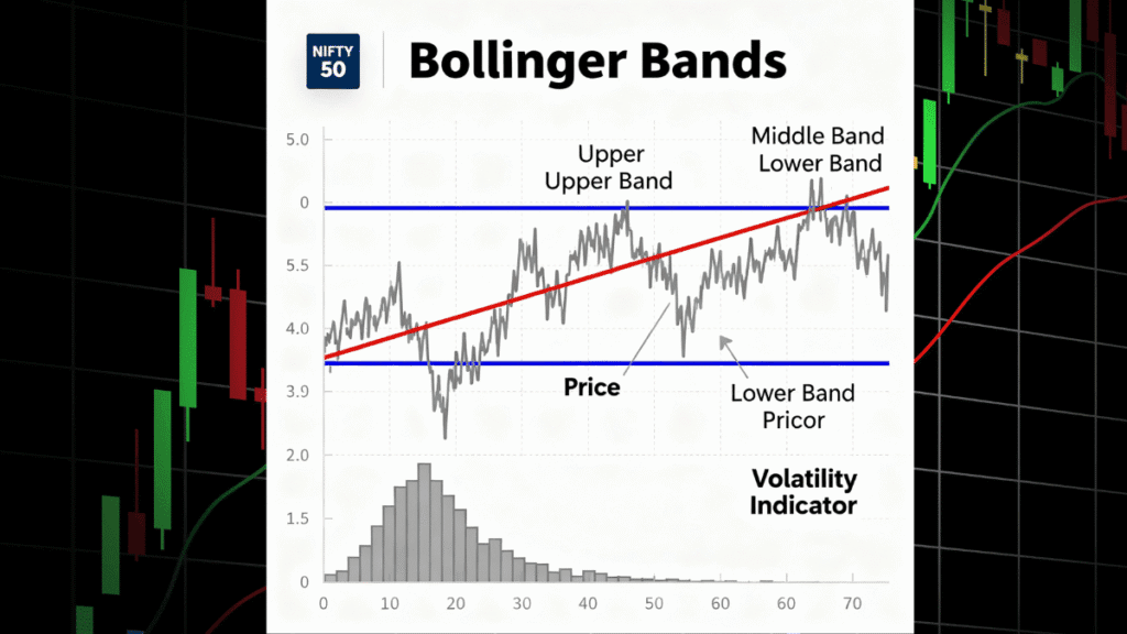 Bollinger Bands stock trading indicator showing upper band, lower band, and middle moving average with price volatility signals for Indian stock market