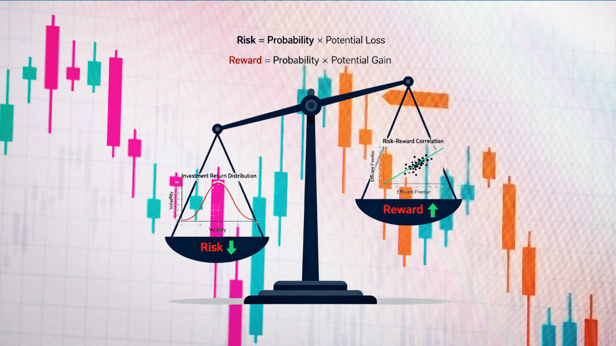 Balance scale showing risk vs reward with mathematical equations and investment charts representing smart investing strategy