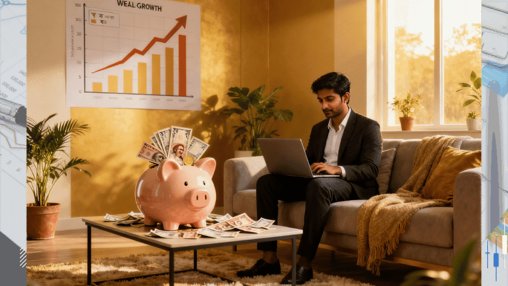 Young Indian professional earning money while living with parents, piggy bank filled with rupee notes, wealth growth chart showing financial progress, modern home setting demonstrating financial wisdom of joint family living