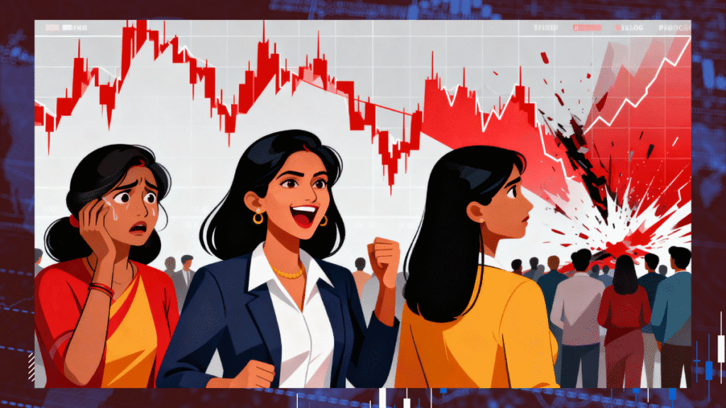 Illustration of three Indian women investors reacting differently to a stock market crash graph—one panicked, one overconfident, and one confused by the crowd.