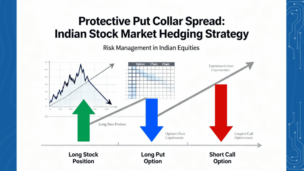 Protective put and collar hedging strategies using options contracts to protect stock portfolio from market downturns in Indian NSE BSE market