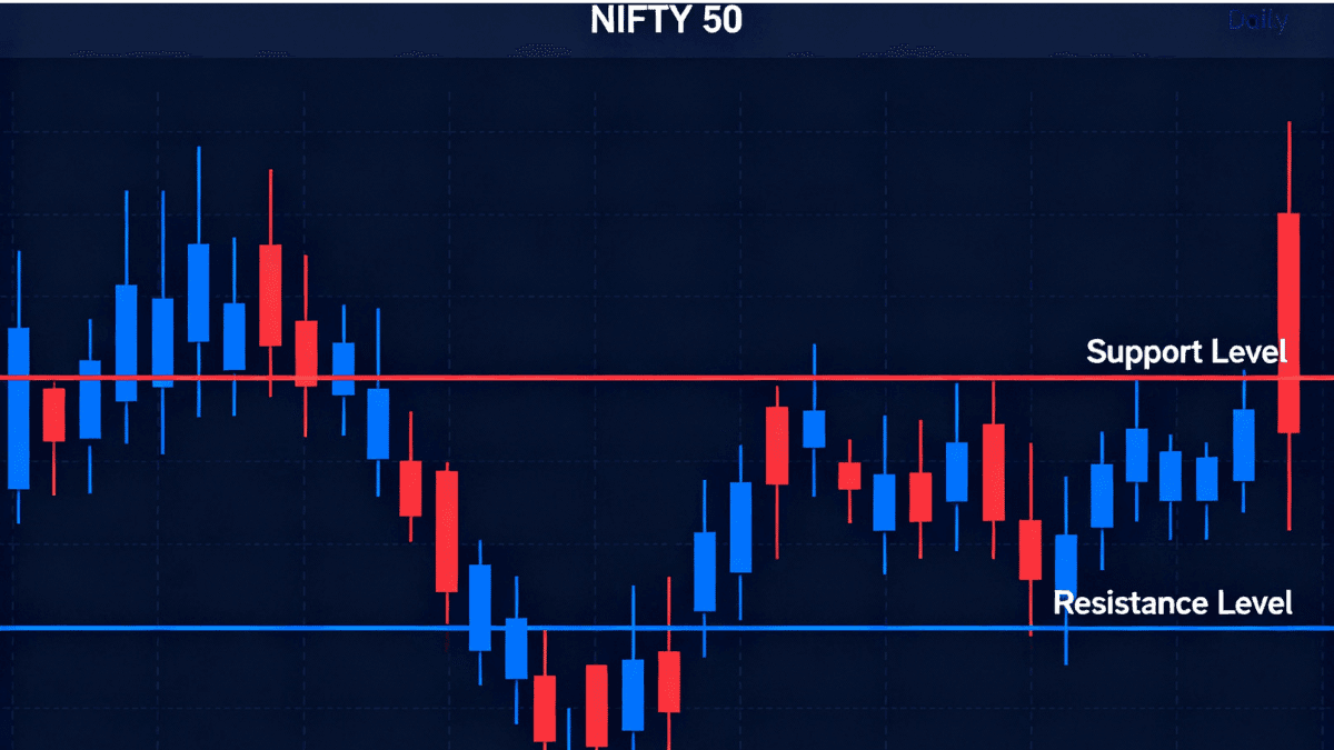 Stock price chart showing support level (green horizontal line acting as price floor) and resistance level (red horizontal line acting as price ceiling) with price action bouncing between these technical analysis zones in Indian markets
