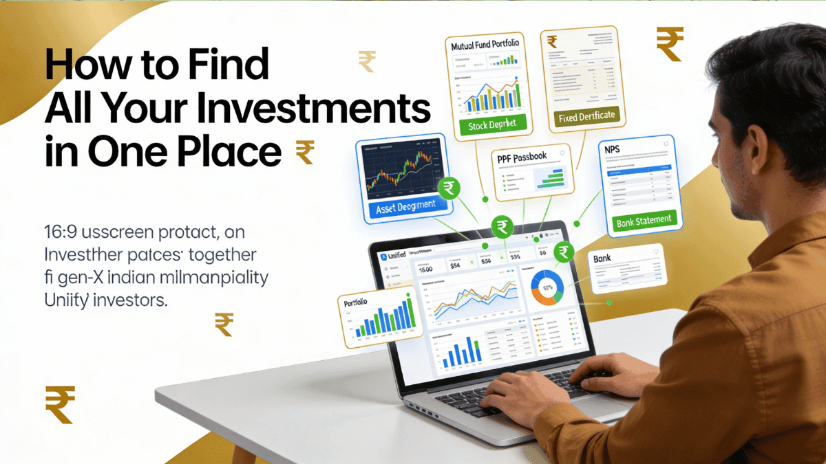 Professional investment portfolio dashboard showing consolidated tracking of stocks, mutual funds, fixed deposits, and government investment schemes with asset allocation charts and rupee calculations for Indian investors.