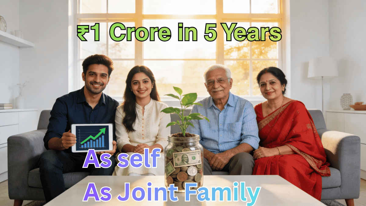 Multi-generational Indian family sitting together with a rupee coin plant and financial growth graph on a tablet, illustrating joint family wealth building.