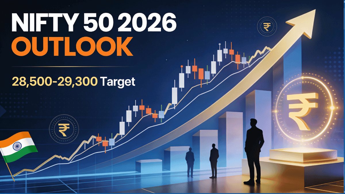 Nifty 50 2026 market outlook chart showing upward trending graph with analyst target of 28,500-29,300 and 12% growth forecast