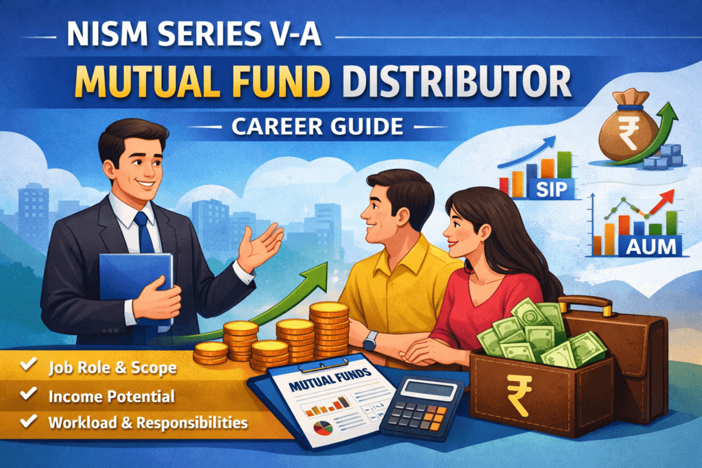 Illustration of a mutual fund distributor explaining SIP investments and portfolio growth to investors with charts showing AUM, returns, and income opportunities.