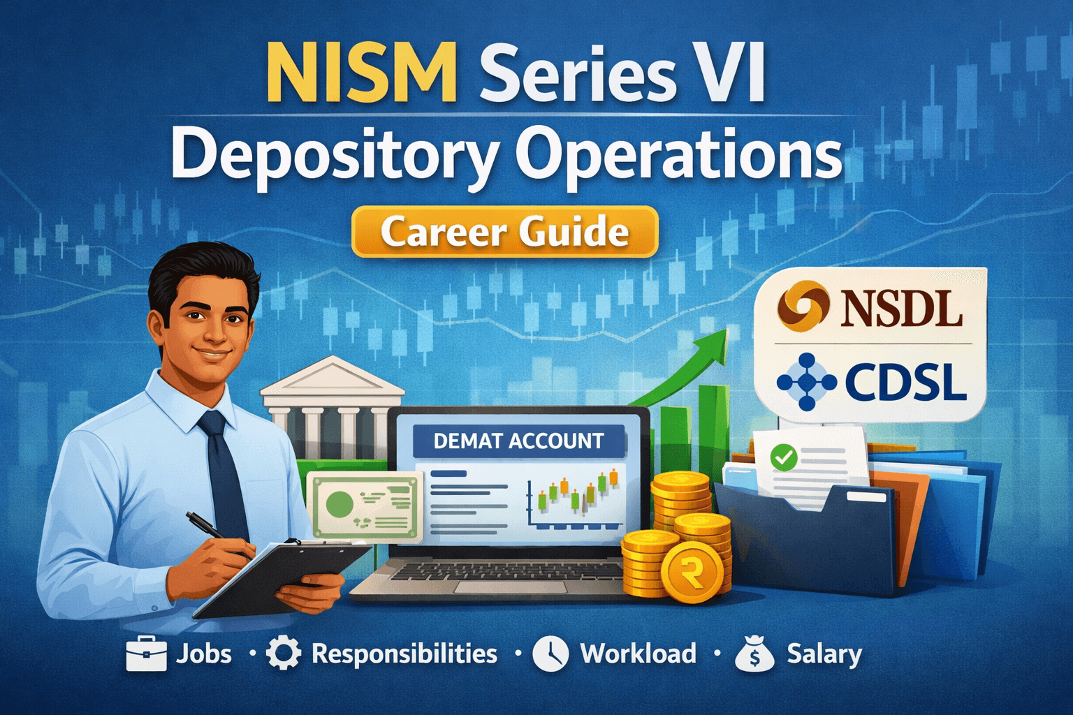 NISM Series VI Depository Operations career guide showing demat account, NSDL CDSL, stock market operations, jobs and salary