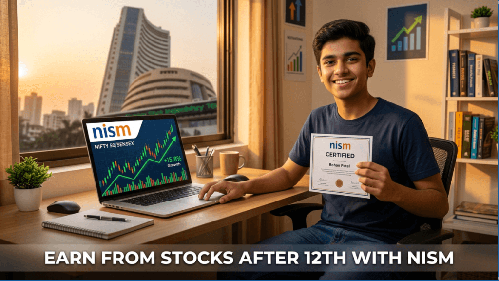 Confident young Indian student holding NISM certification at desk with laptop showing stock market charts and rising graphs, BSE