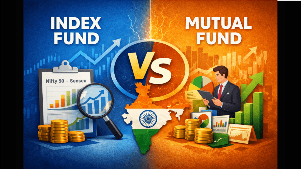 Featured image comparing Index Fund vs Mutual Fund in India, showing index fund charts, stock market graphs, rupee coins, and a fund manager with investment reports.