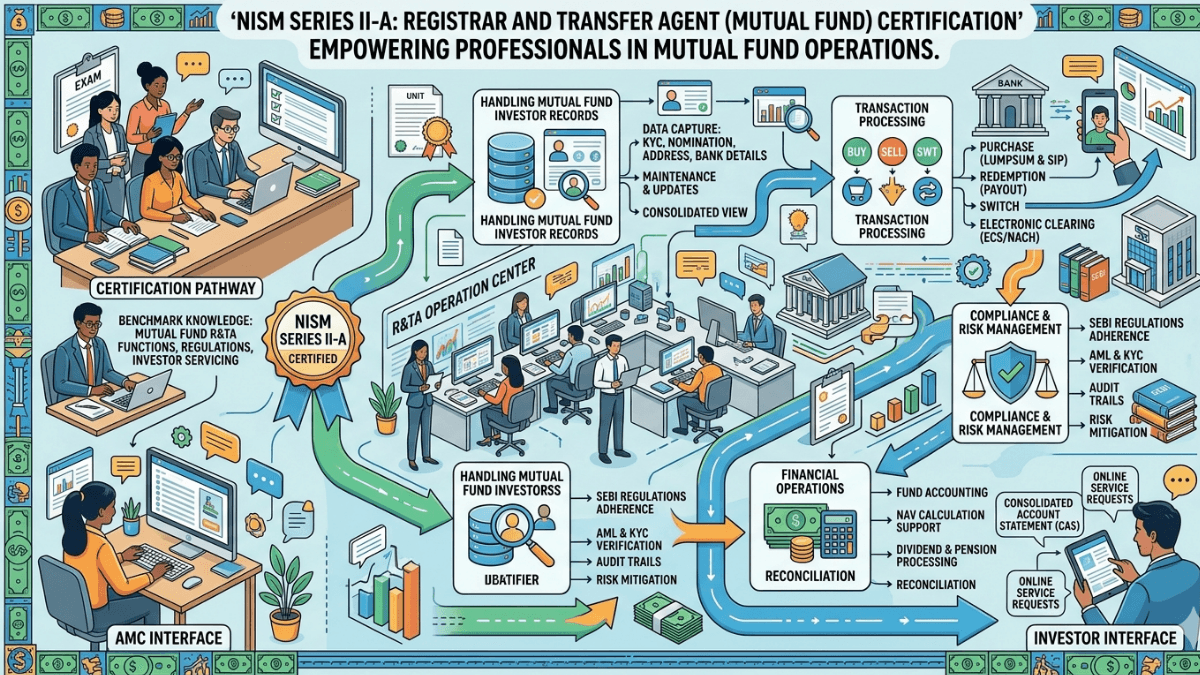 NISM Series II-A Registrar and Transfer Agent certification concept showing mutual fund operations and investor record processing