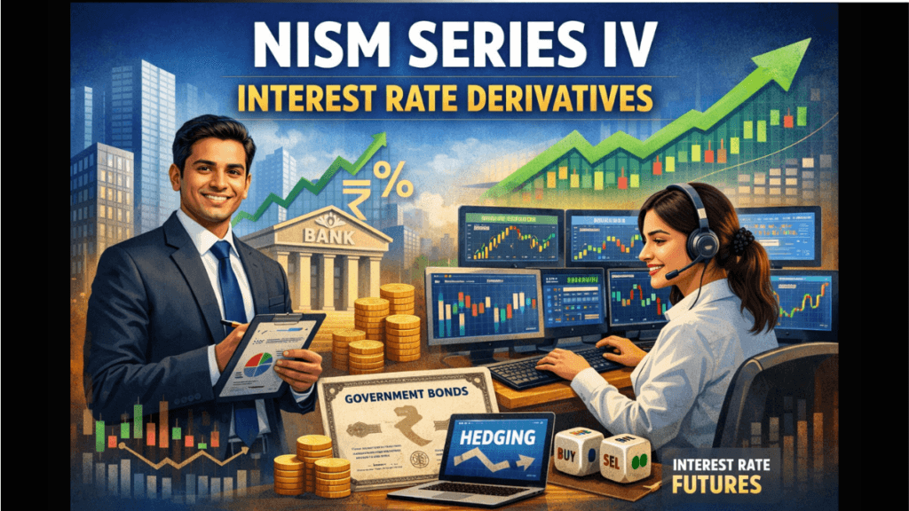 Illustration showing NISM Series IV Interest Rate Derivatives career with traders, bond market charts, bank building, and interest rate futures trading screens.