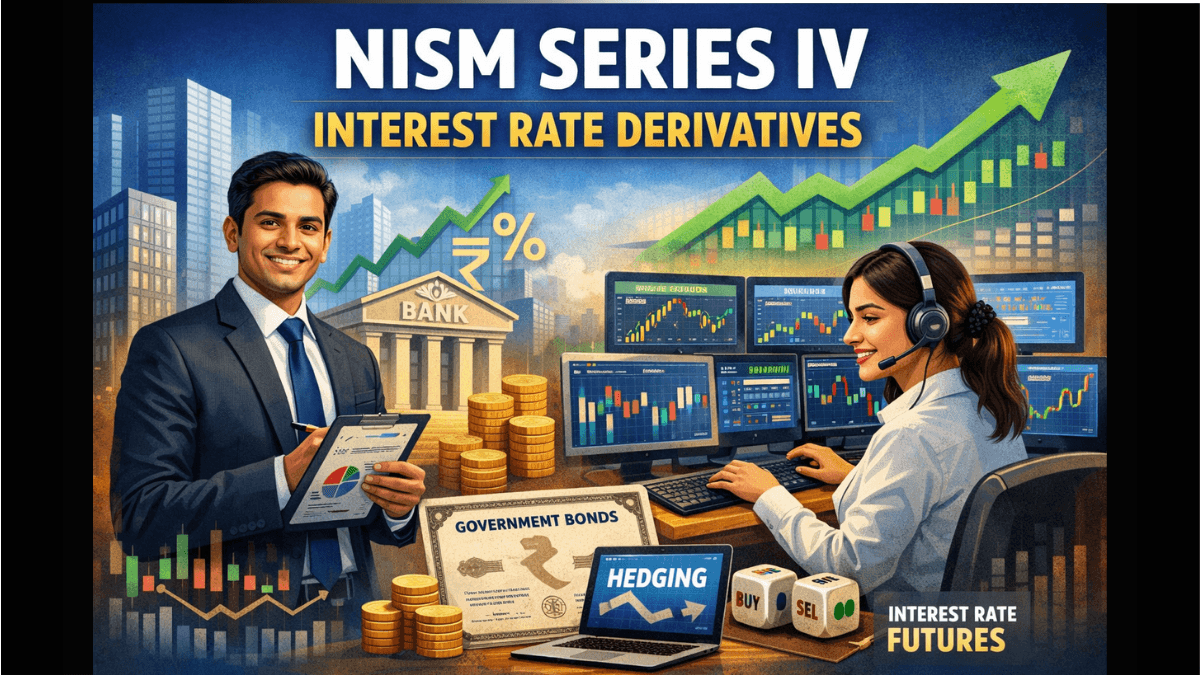 Illustration showing NISM Series IV Interest Rate Derivatives career with traders, bond market charts, bank building, and interest rate futures trading screens.