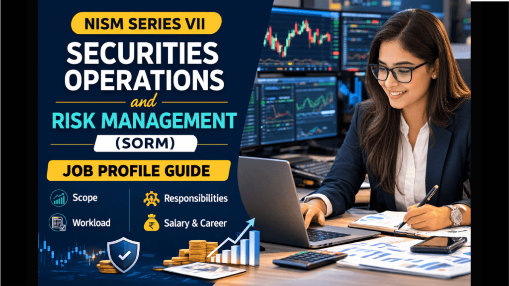 NISM Series VII SORM job profile illustration showing securities operations, risk management, trade settlement, and salary scope in the stock market industry