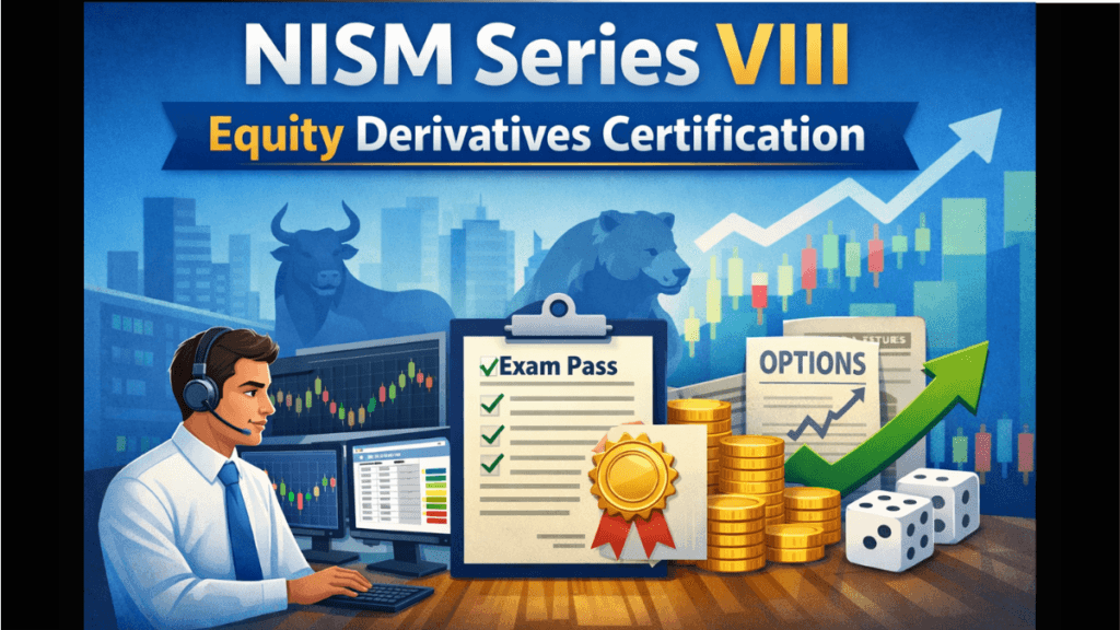 Illustration of NISM Series VIII Equity Derivatives Certification showing stock market charts, futures and options symbols, and a financial professional analyzing trading screens.