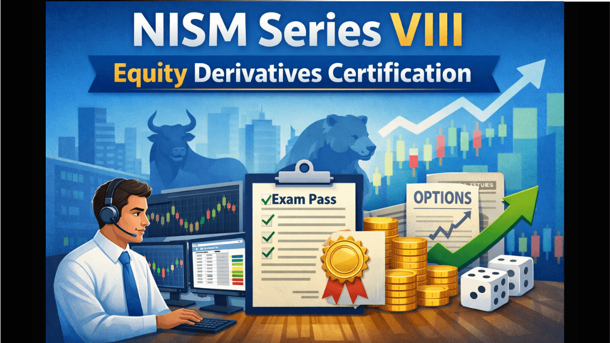 Illustration of NISM Series VIII Equity Derivatives Certification showing stock market charts, futures and options symbols, and a financial professional analyzing trading screens.