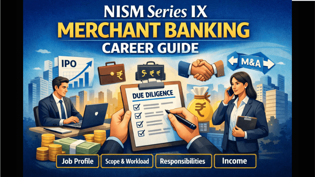 NISM Series IX Merchant Banking career guide showing IPO management, due diligence, mergers and acquisitions, and investment banking roles.