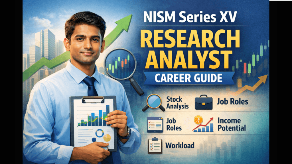 NISM Series XV Research Analyst career guide illustration showing stock market charts, research analyst, and icons for stock analysis, job roles, income potential, and workload.